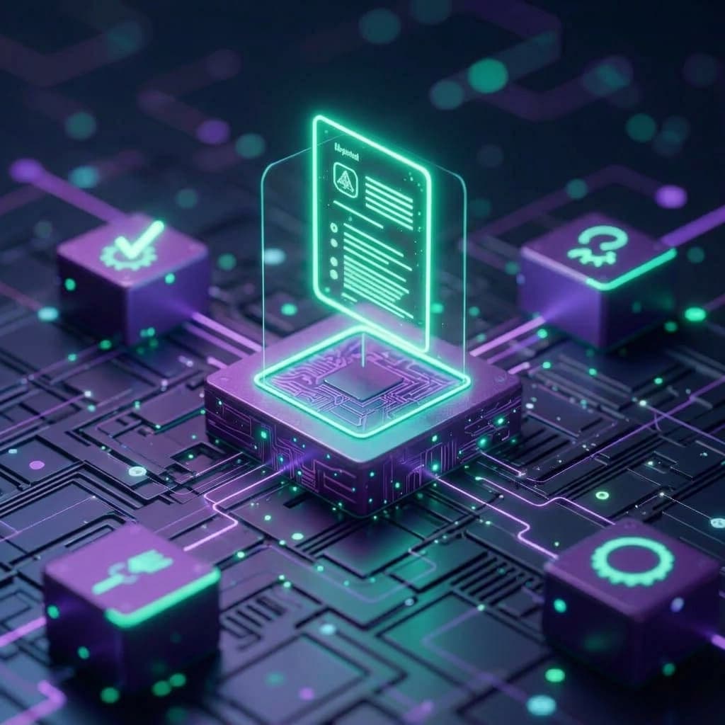 Un documento digitale sospeso su un circuito luminoso, a rappresentare l'impronta registrata su blockchain
